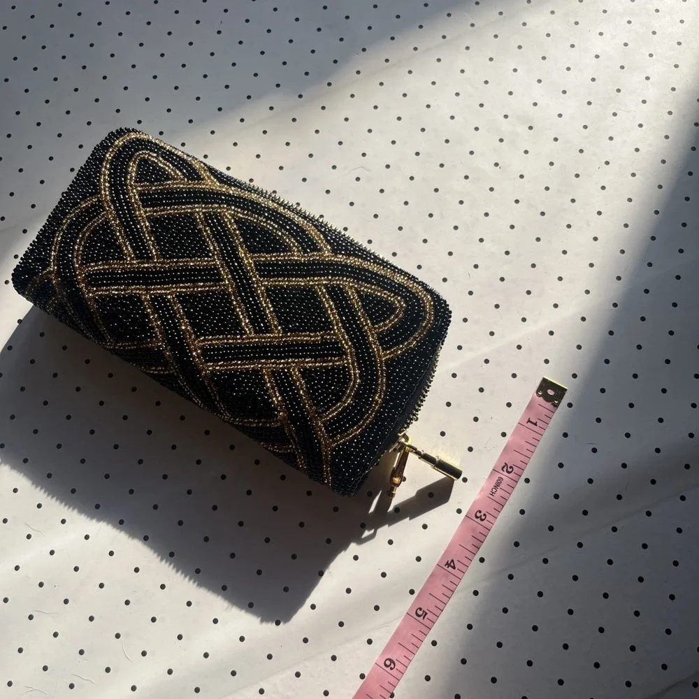 Vintage Black Beaded Evening Clutch Purse Gold Silver Geometric Art Deco Glam